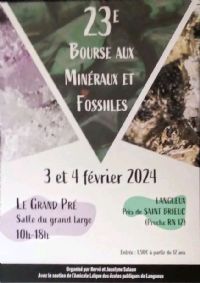 23 ème Salon exposition de minéraux,  bijoux et fossiles, trésors de la terr. Du 3 au 4 février 2024 à Langueux. Cotes-dArmor.  10H00